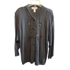 Victoria Women Black Embellished Beaded Button Long Sleeve Sweater Cardigan 2X